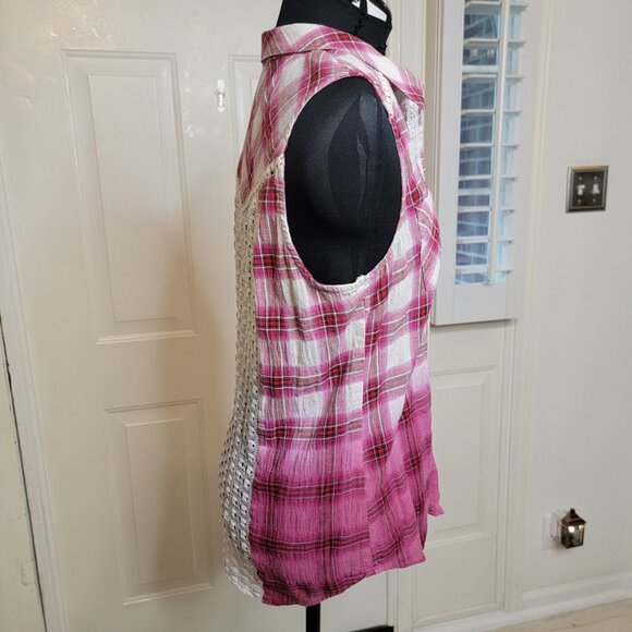 Miss Me Pink Plaid Sleeveless Shirt with Lace Back Size M – Western Boho Festiva - Picture 5 of 11